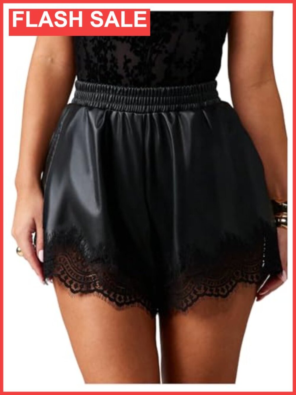 Faux Leather Lace Trim Mini Shorts High Waisted Y2K Lolita Style Women's